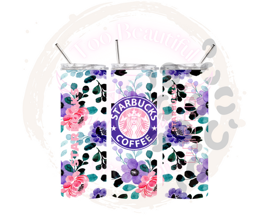 Purple/Black Floral Starbies Coffee Tumbler