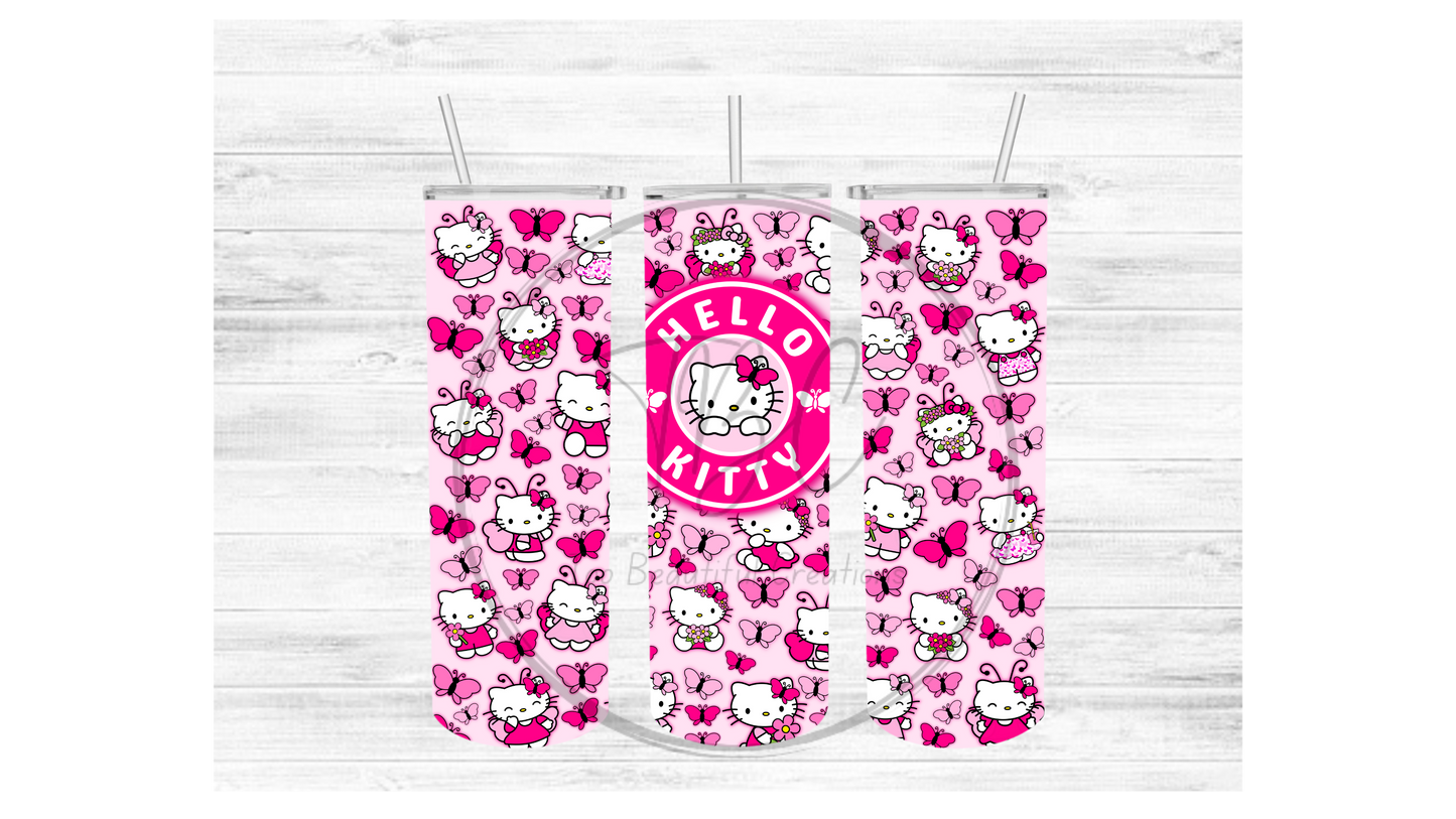 Butterfly Kitty Pink Sublimation Tumbler Transfer