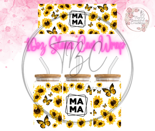 Mama Sunflower Butterfly Glass Can Sublimation Transfer