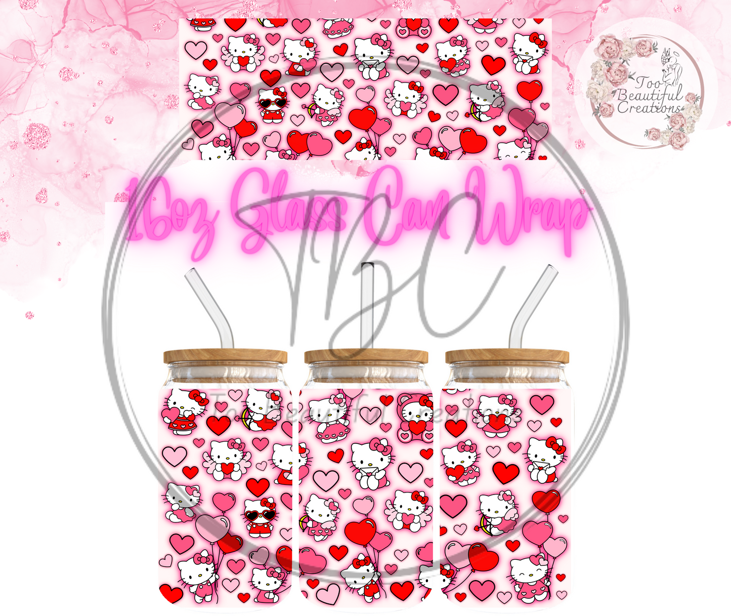 Kitty Pink Hearts Glass Can Sublimation Transfer