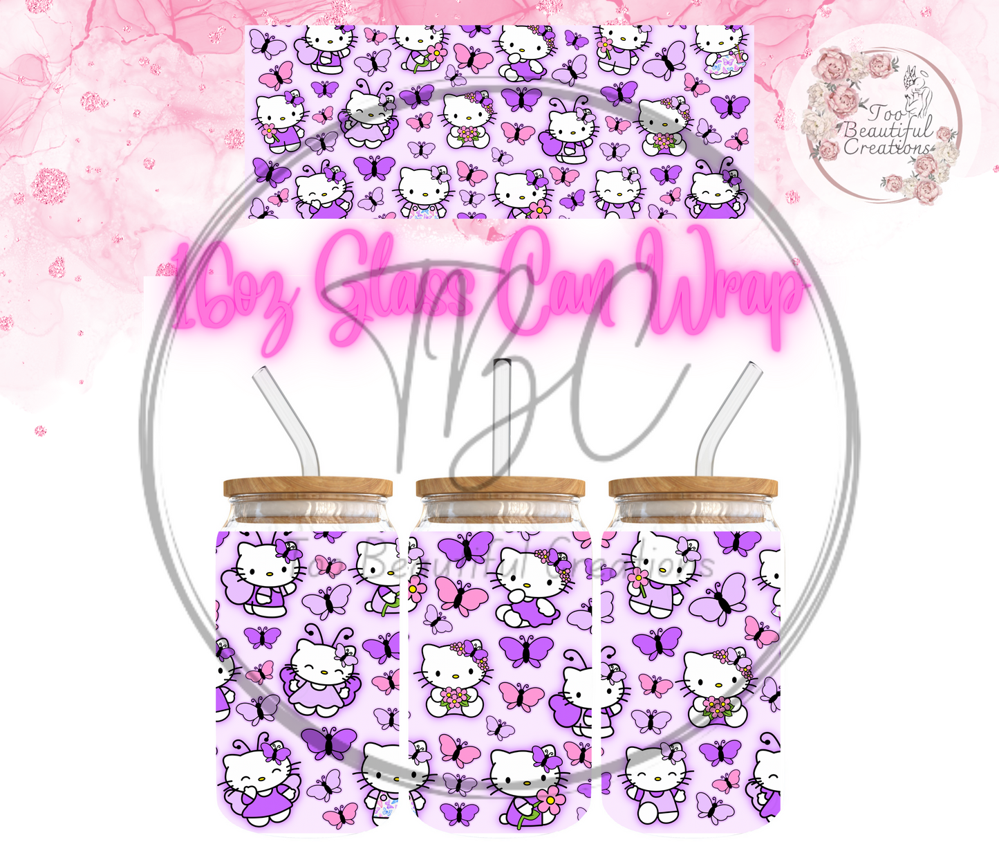 Purple Kitty Butterfly Glass Can Sublimation Transfer