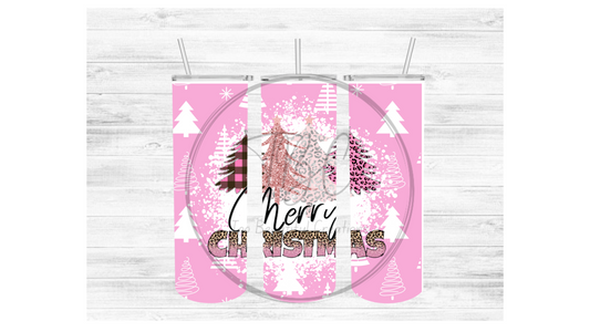 Pink Merry Christmas Trees Sublimation Tumbler Transfer