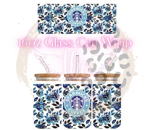 Blue Floral Starbies Glass Can Sublimation Transfer