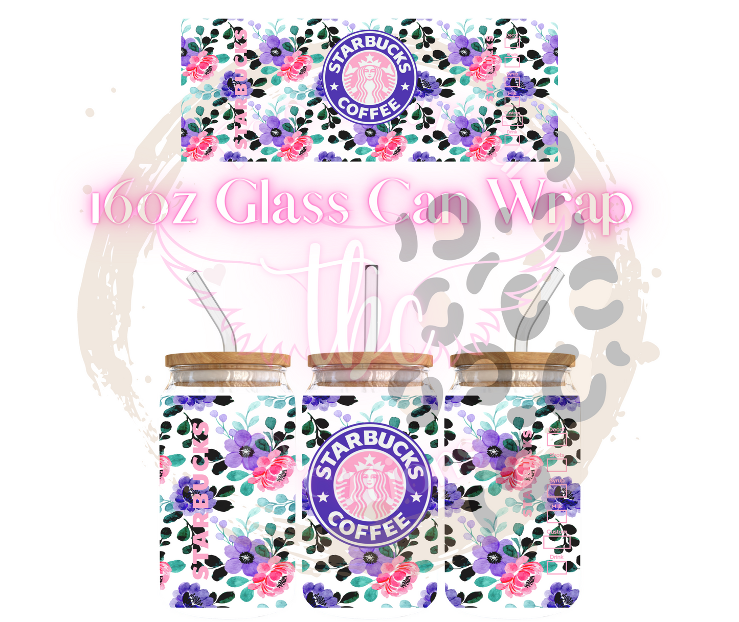 Purple Floral Starbies Glass Can Sublimation Transfer