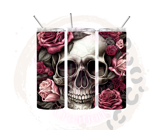 Pink Floral Skull Sublimation Tumbler Transfer