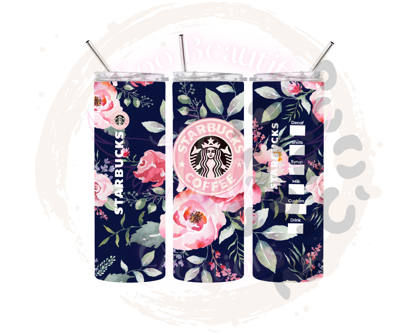 Navy/Pink Floral Starbies Sublimation Tumbler Transfer