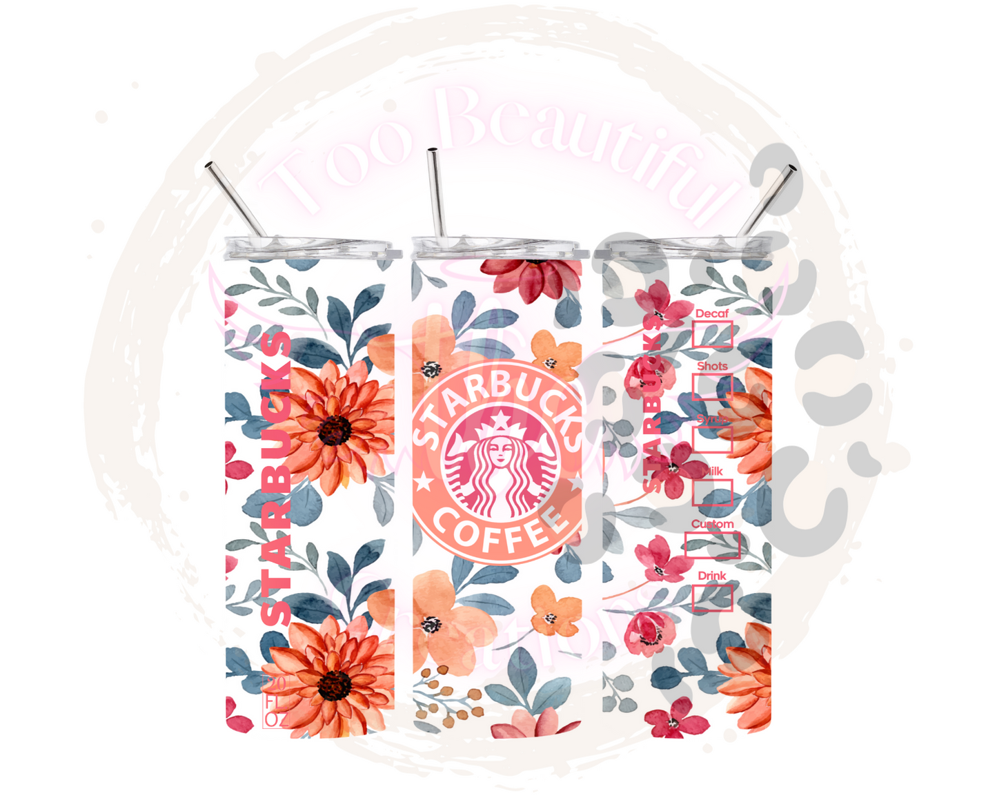 Peach Floral Starbies Sublimation Tumbler Transfer